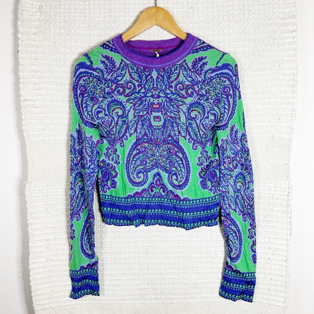 FREE PEOPLE purple and green paisley New Age crewneck sweater S